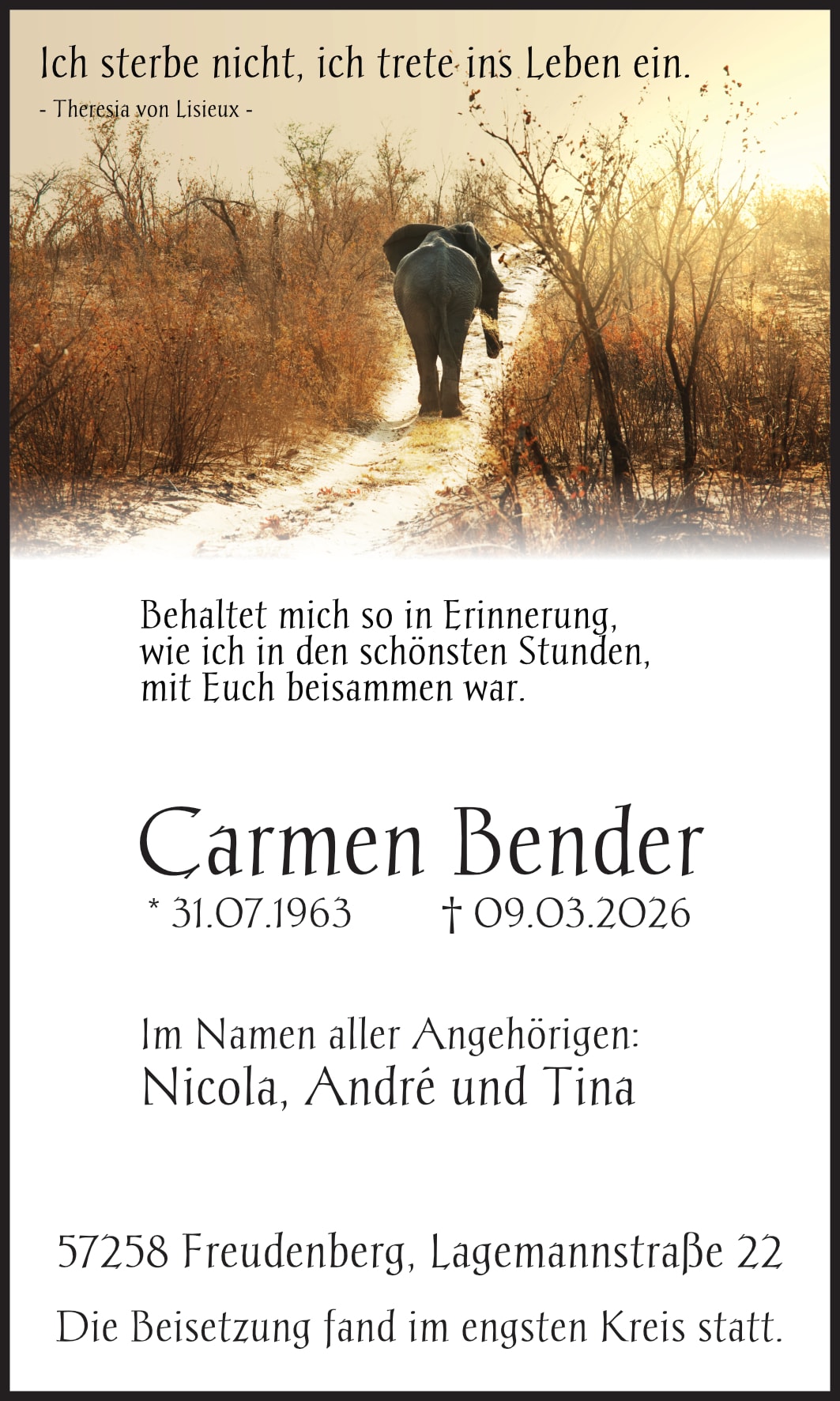 Anzeige Carmen Bender