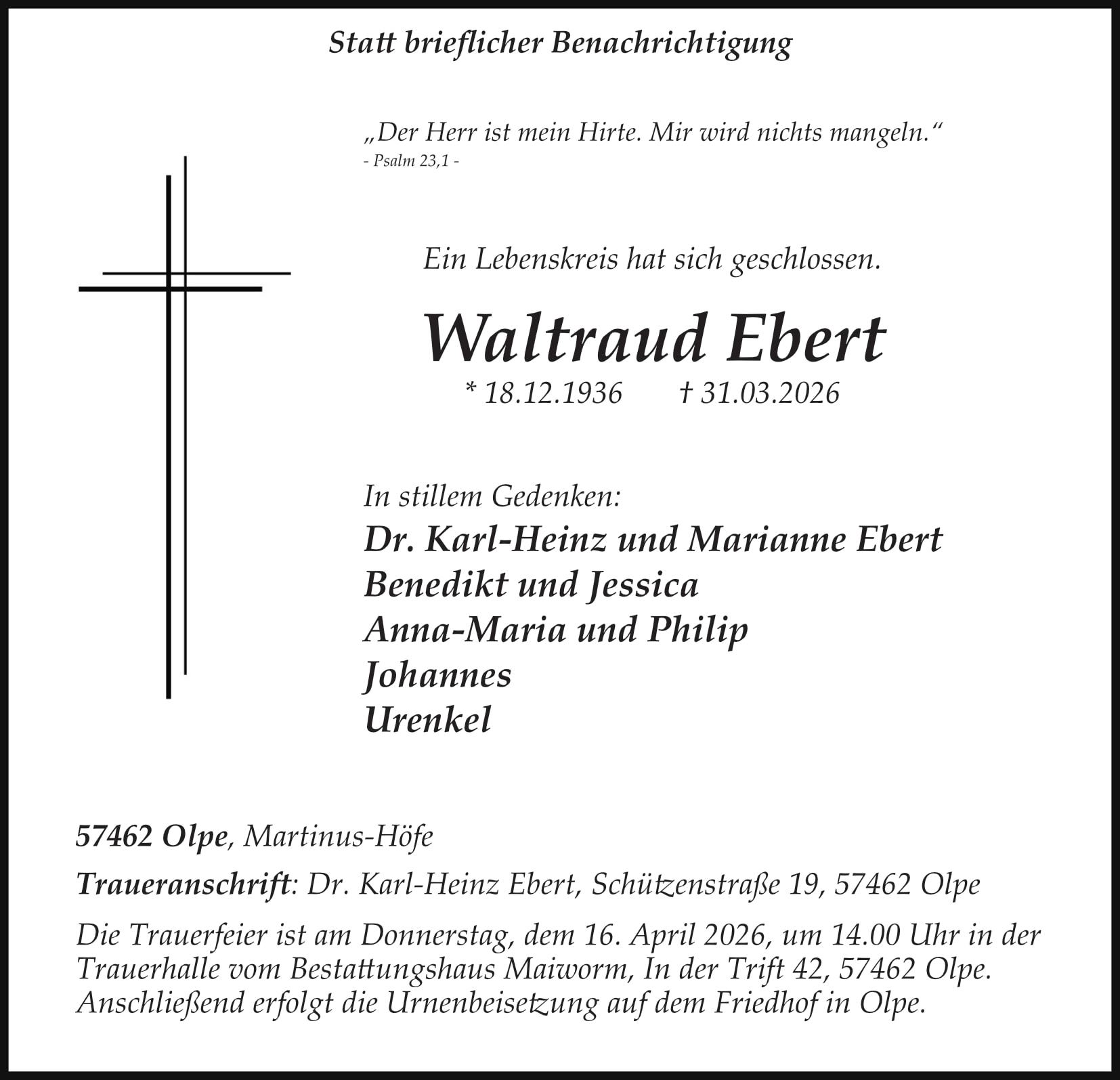 Anzeige Waltraud Ebert