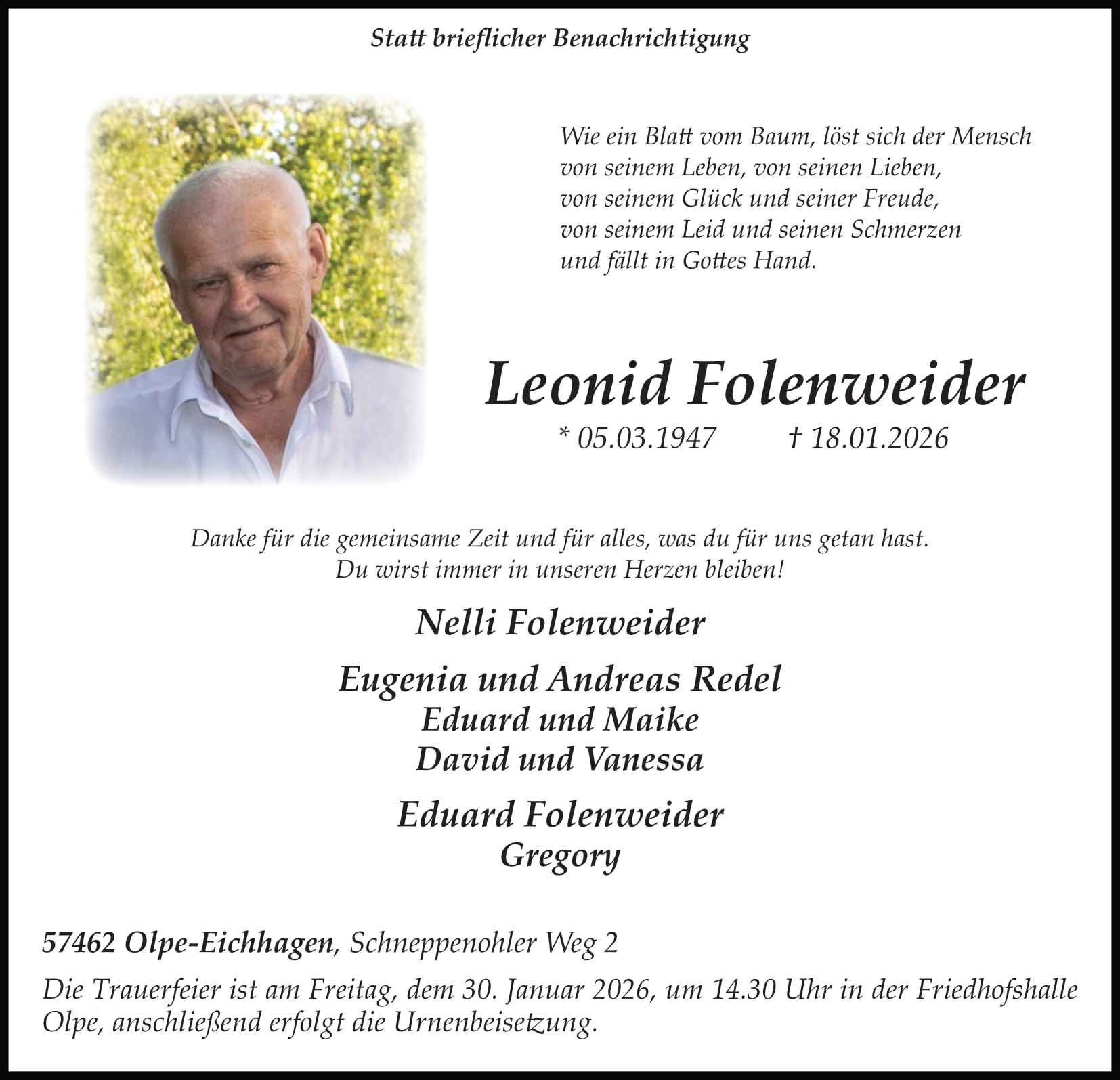 Anzeige Leonid Folenweider