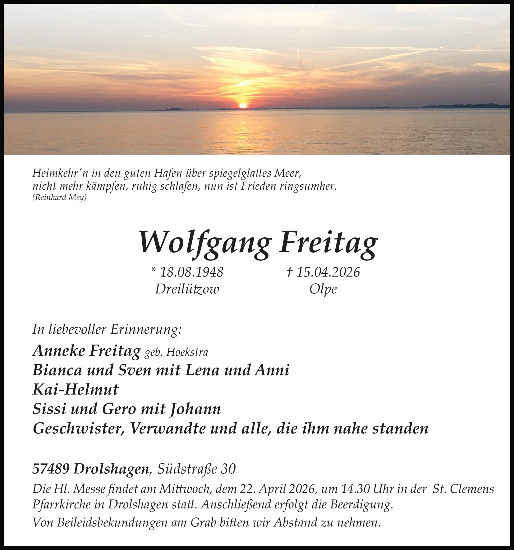 Anzeige Wolfgang Freitag