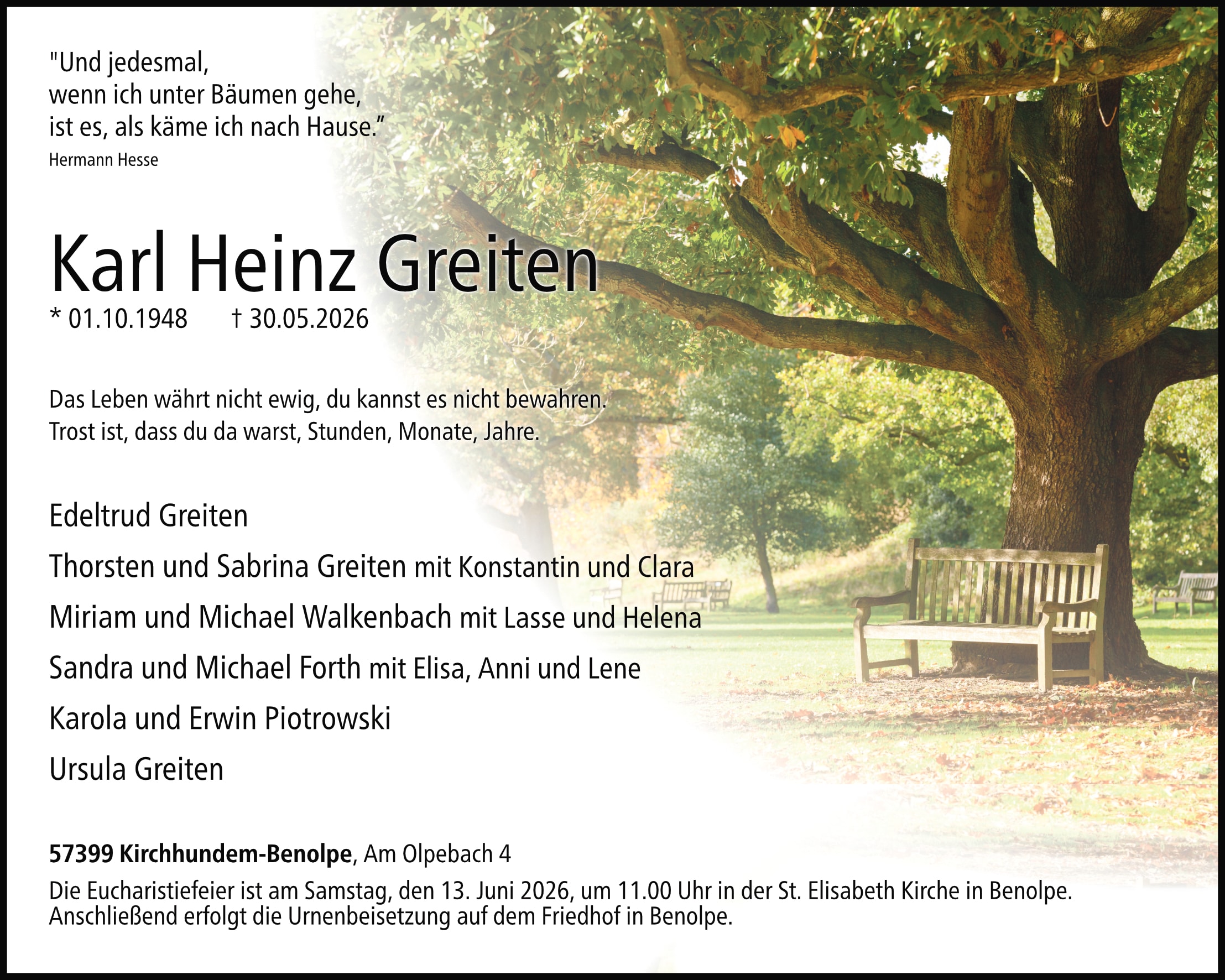 Anzeige Karl Heinz Greiten