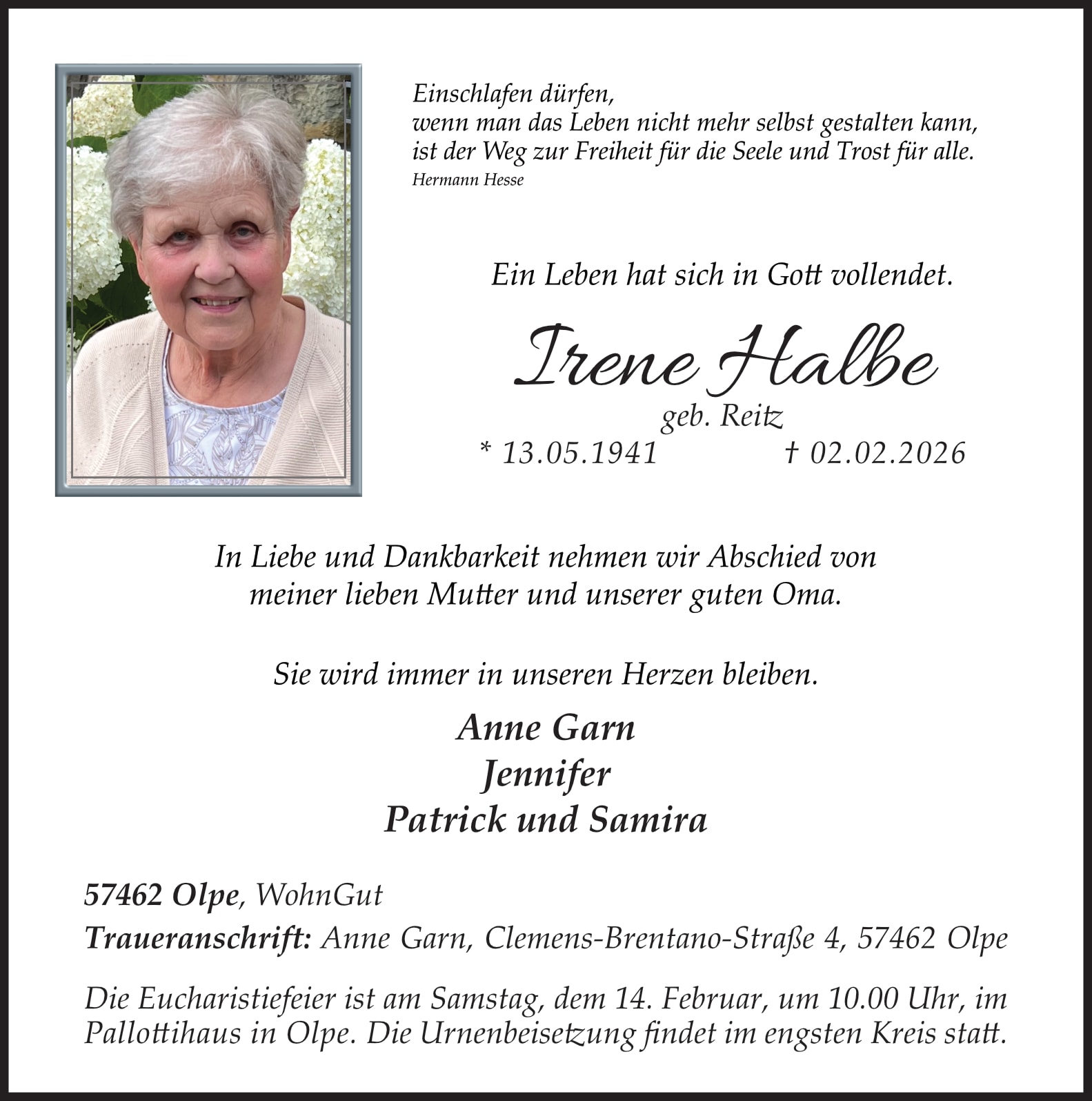 Anzeige Irene Halbe