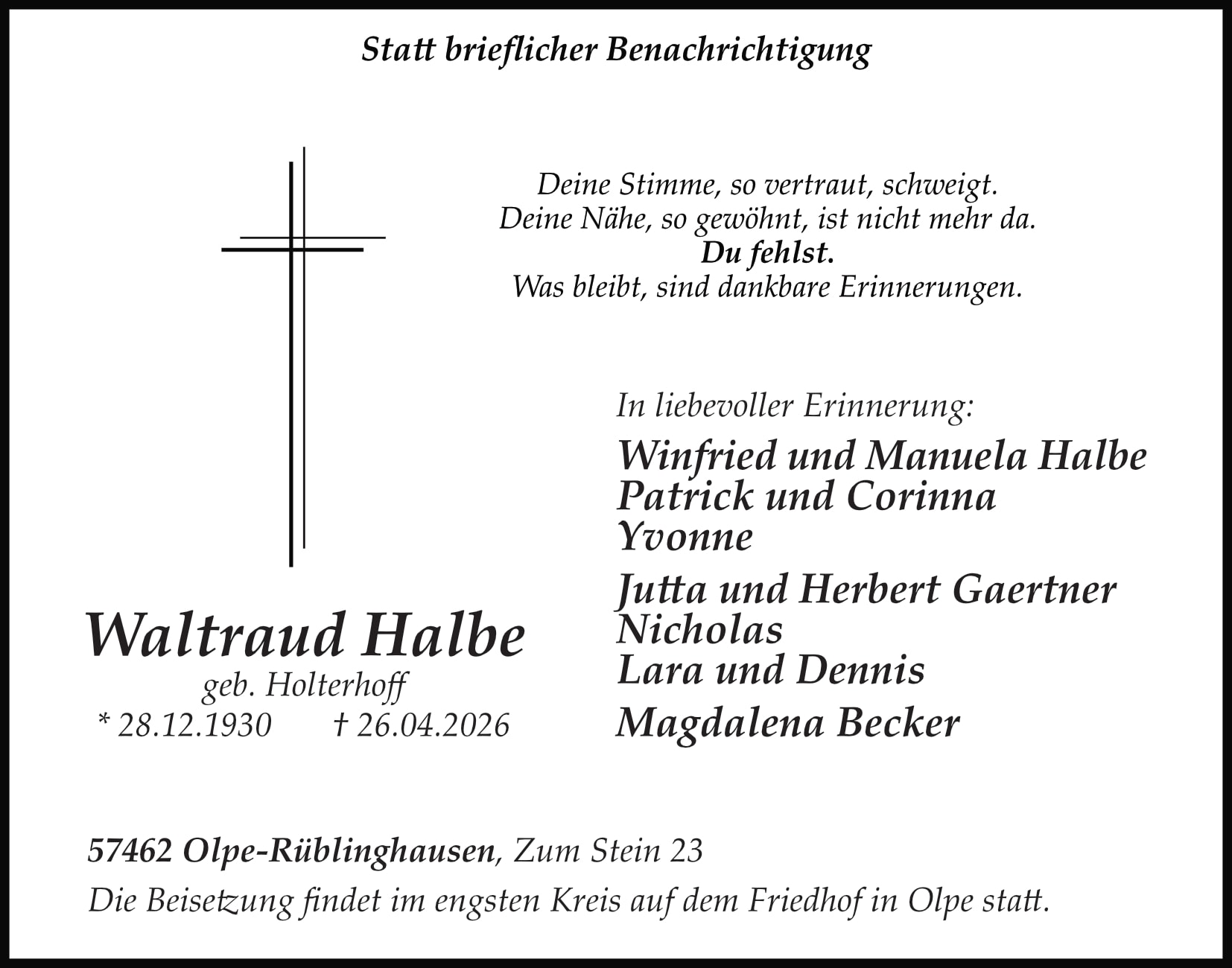 Anzeige Waltraud Halbe