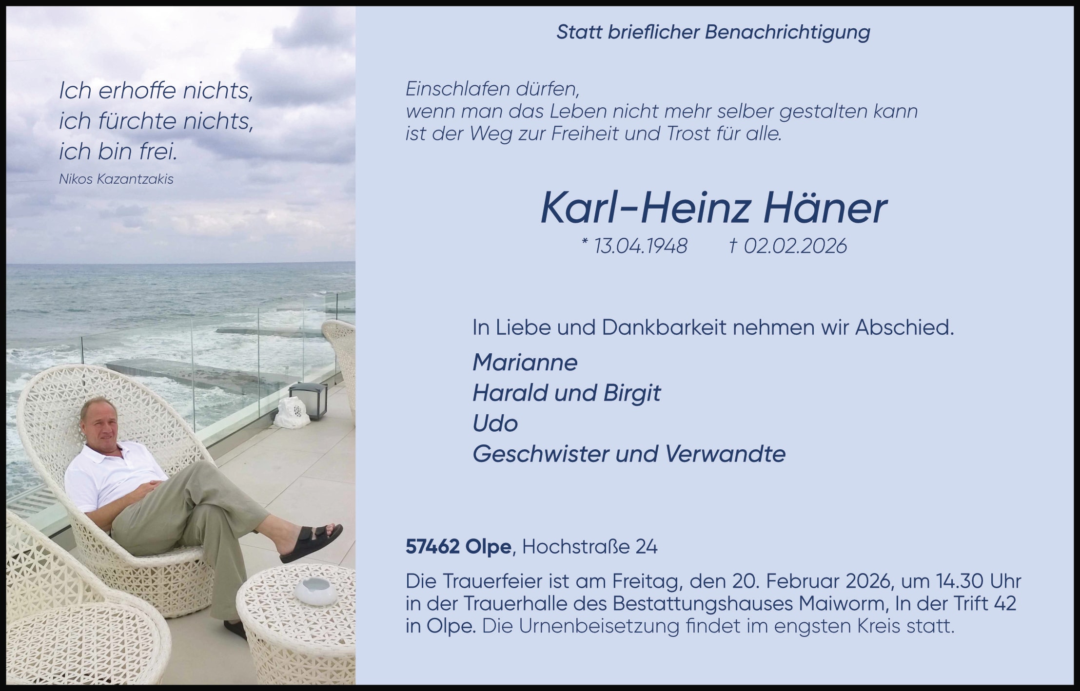 Anzeige Karl-Heinz Häner