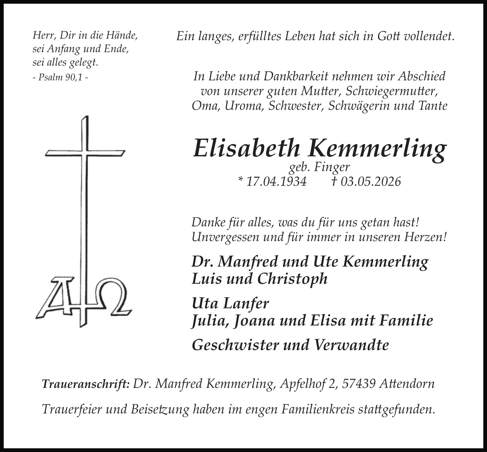 Anzeige Elisabeth Kemmerling