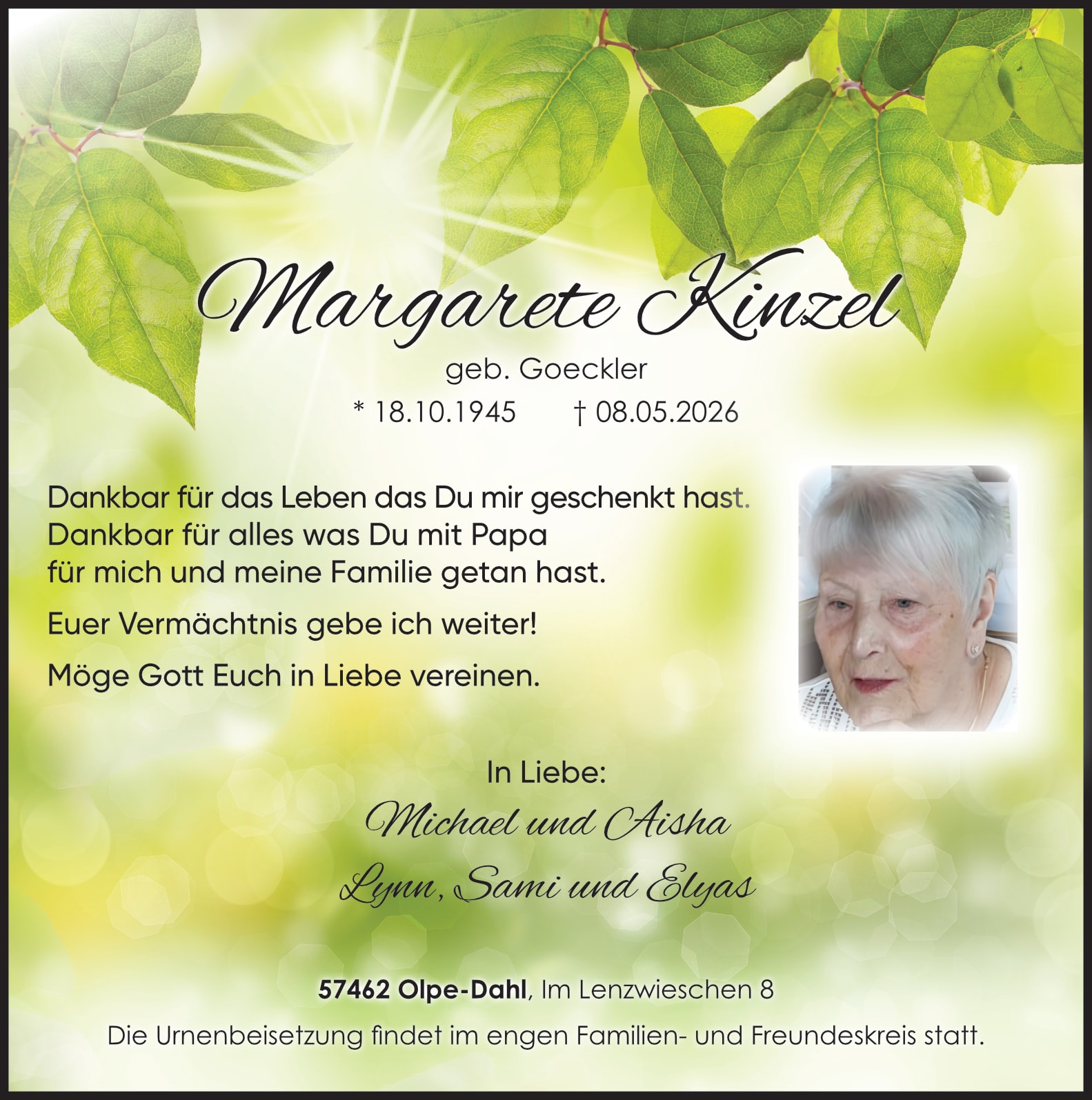 Anzeige Margarete Kinzel