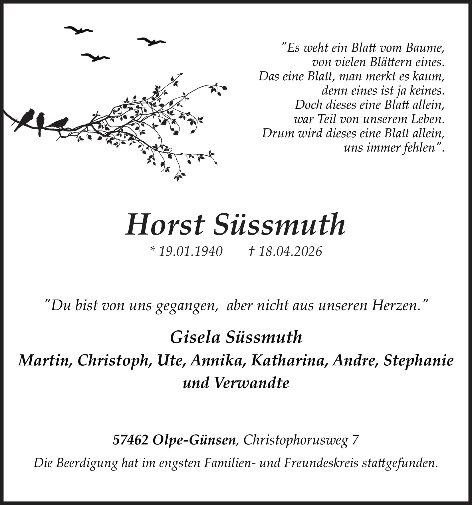 Anzeige Horst Süssmuth